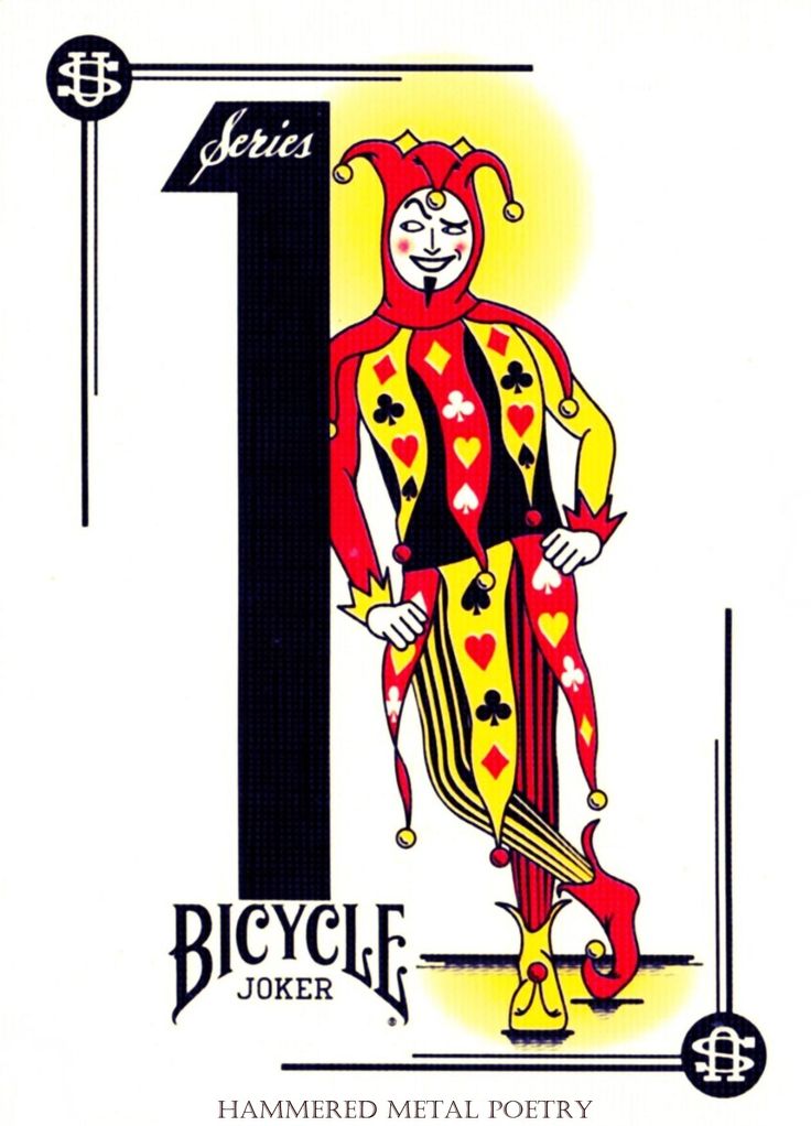 **Joker Bicycle vintage – illustration classique du bouffon avec symboles de cartes, design historique**
