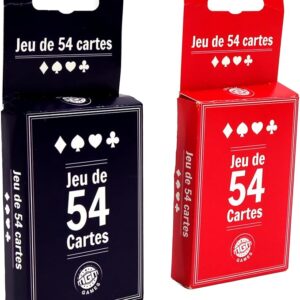 Jeu de 54 cartes noir et rouge en boîte cartonnée