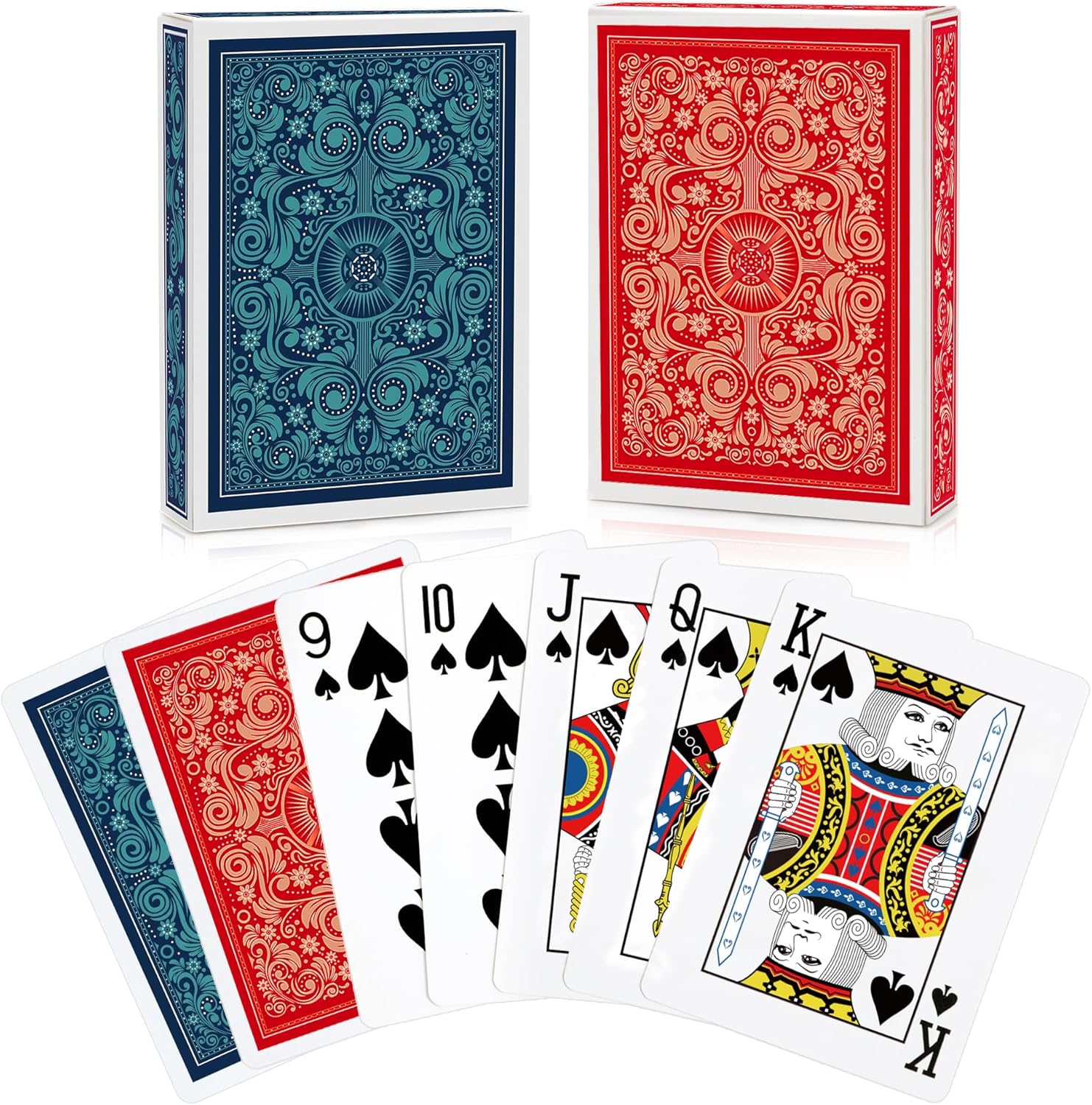Jeu de cartes à jouer classique rouge et bleu – dos décorés, cartes étalées avec figures traditionnelles, format poker