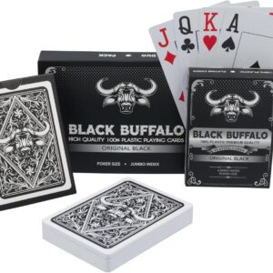 **Jeu de cartes Black Buffalo – cartes à jouer noires en plastique avec étui, format poker jumbo index**