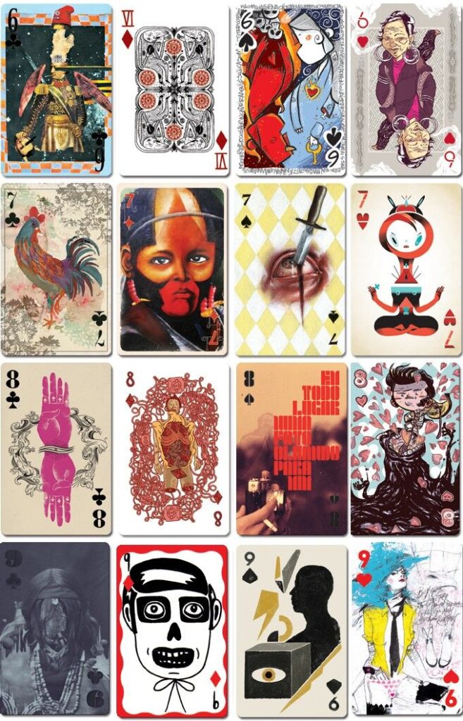 **Jeu de cartes artistiques – illustrations créatives et contemporaines sur cartes à jouer, styles graphiques variés**

